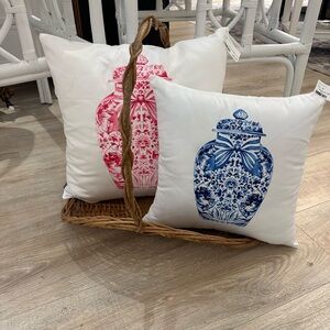 Decorative White Pillows with Pink and Blue Ginger Jar Design